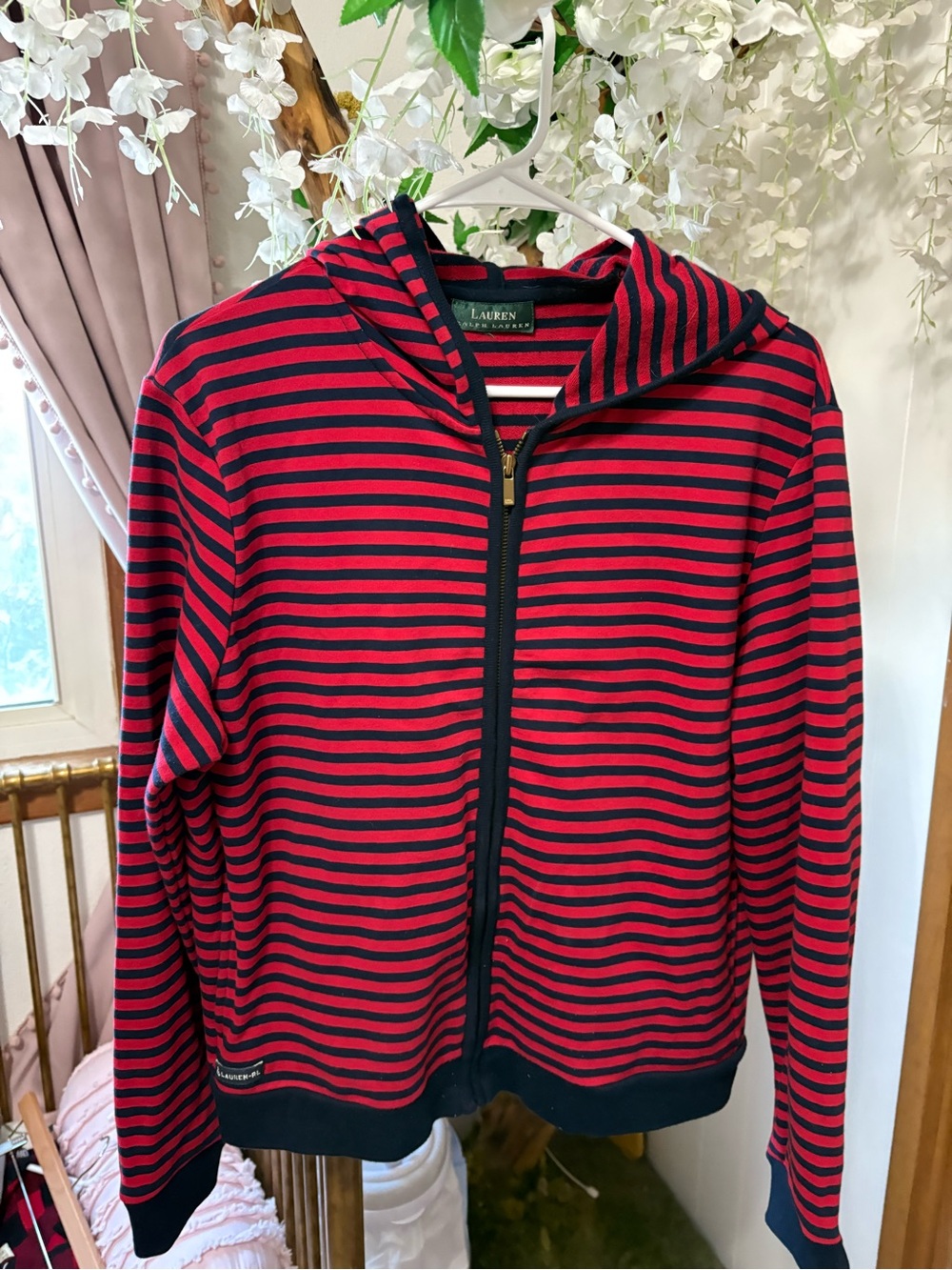 Ralph Lauren Red and Navy Striped Hooded Zip Jacket